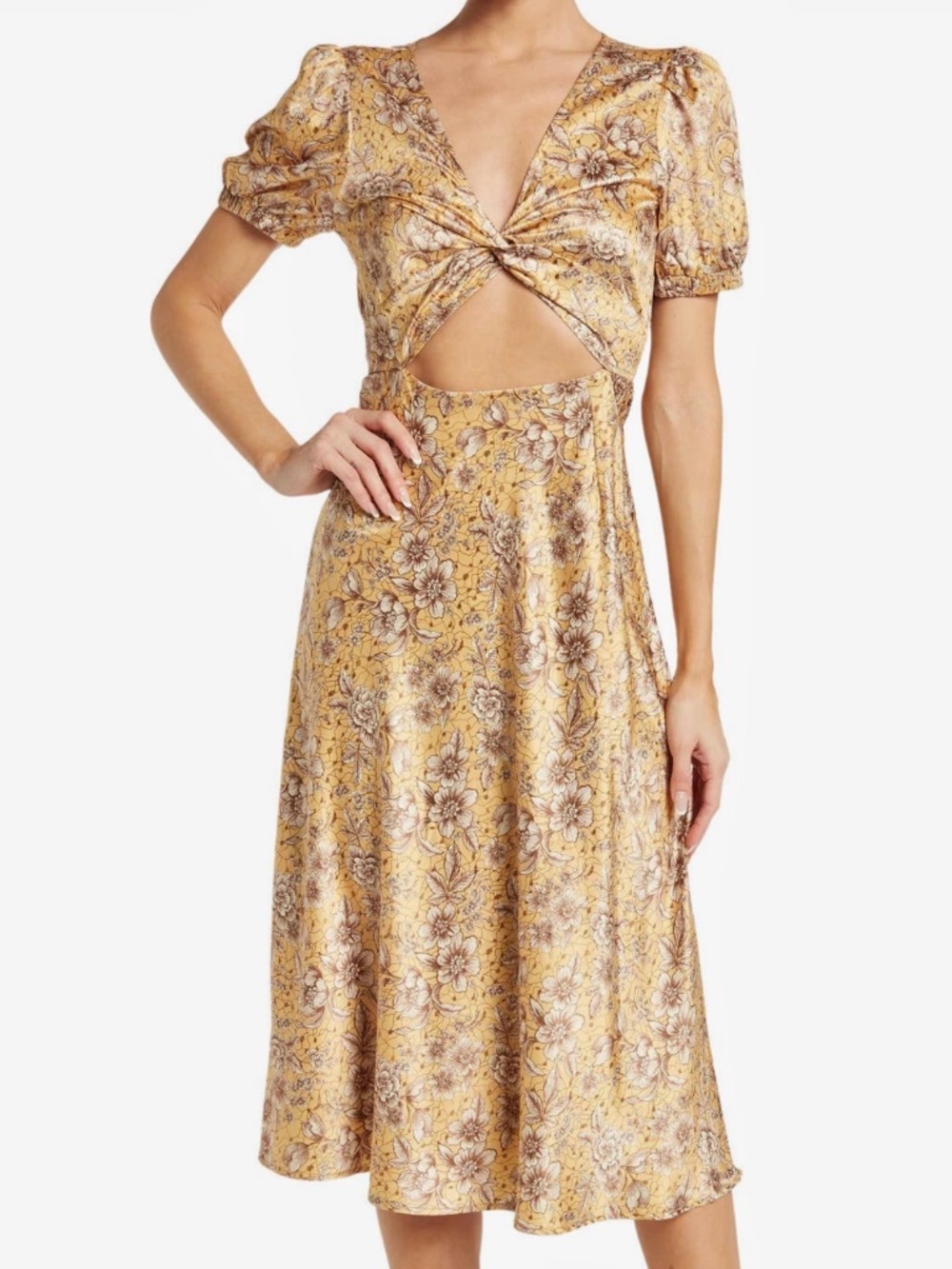 NSR Floral Cut Out Midi Dress Yellow Beige Puff Sleeve Twist Front Dress Size S